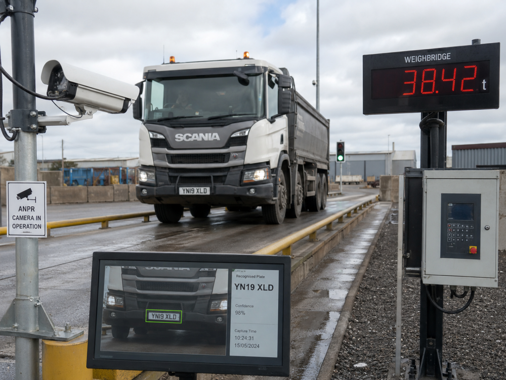 Truck on an automated weighbridge with ANPR camera, weight display and traffic controls